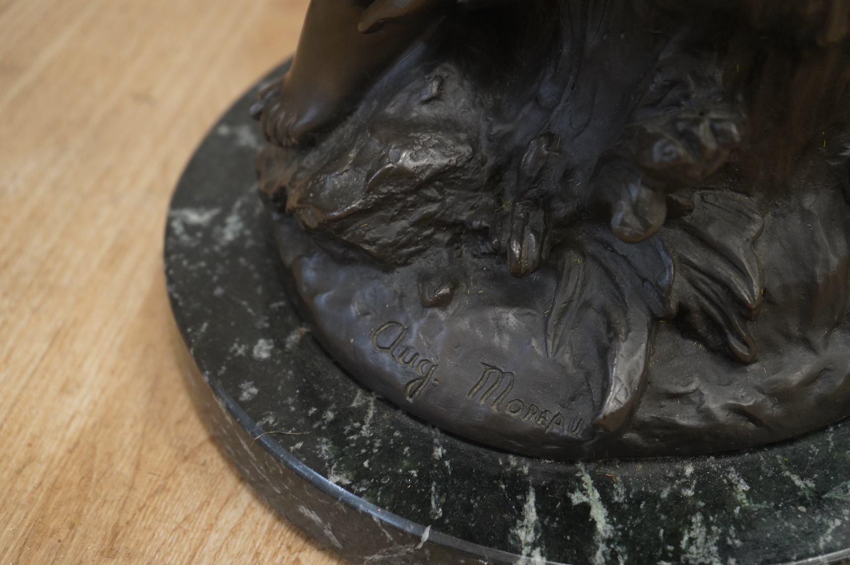 Auguste Moreau (1832-1927), ‘Chant de L’Alouette’, patinated bronze, signed, on marble base, height 70cm